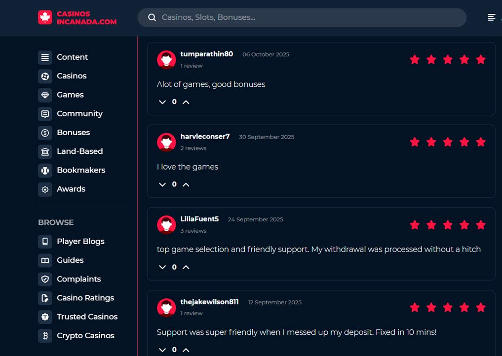 Multiple reviews on Casino inCanada highlighting positive feedback for Rolling Slots Casino.